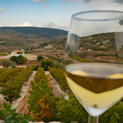 כרמים המקיפים את הכפר אומודוס עם כוס יין מקומי בחזית