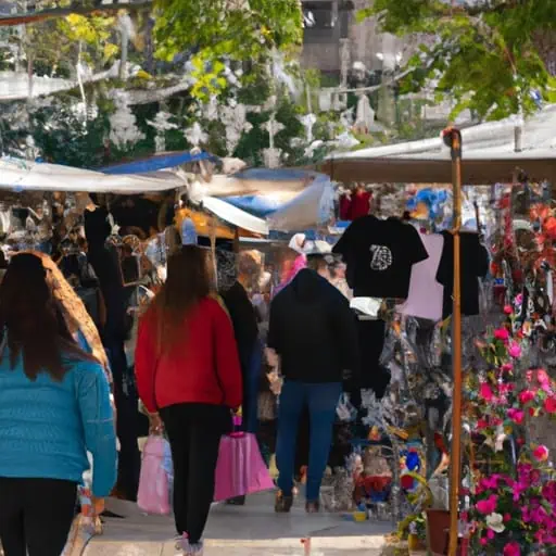 קונים גולשים בדוכנים הצבעוניים בשוק חג המולד הומה בקפריסין