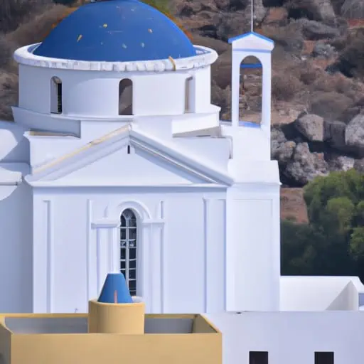תמונה של כנסייה יוונית אורתודוקסית מסורתית ליד מסגד, המסמלת את המורשת המשולבת של האי.