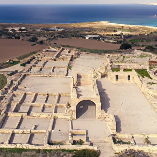 מבט אווירי של העיר העתיקה קוריון, המציג את חורבותיה רחבות הידיים