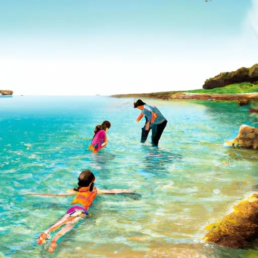 משפחה משחקת במים הצלולים של חוף קפריסאי מבודד