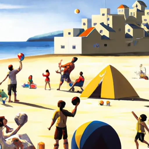 משפחות בונות ארמונות חול ומשחקות כדורעף חופים