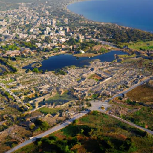 מבט אווירי של העיר העתיקה סלמיס עם הים התיכון ברקע