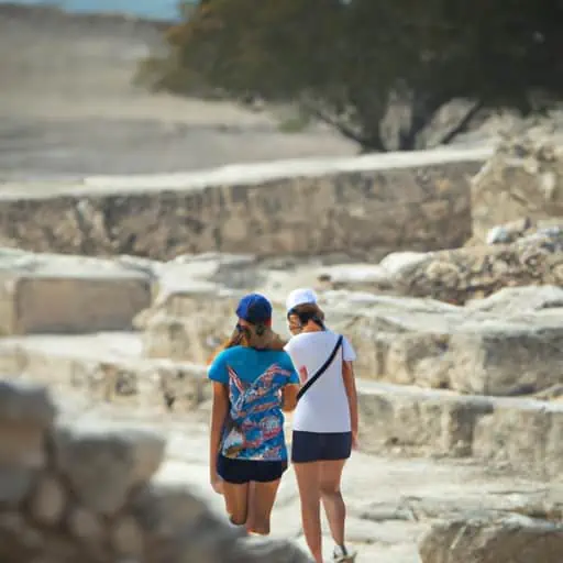 תיירים חוקרים את ההריסות העתיקות של קוריון