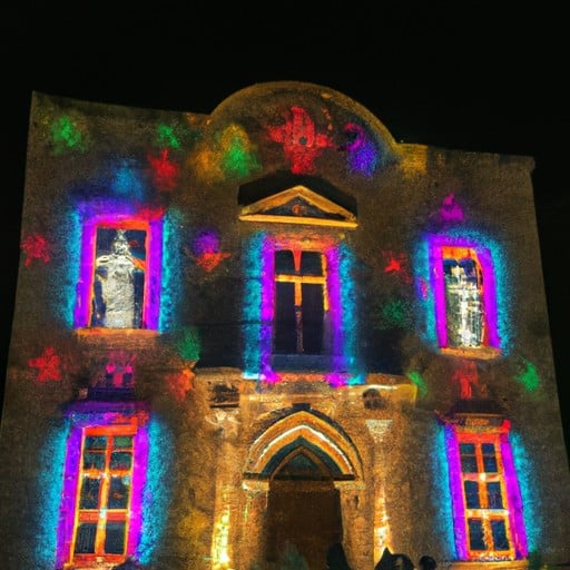 תצוגה מהפנטת של אורות חג המולד המאירים בניין קפריסאי היסטורי
