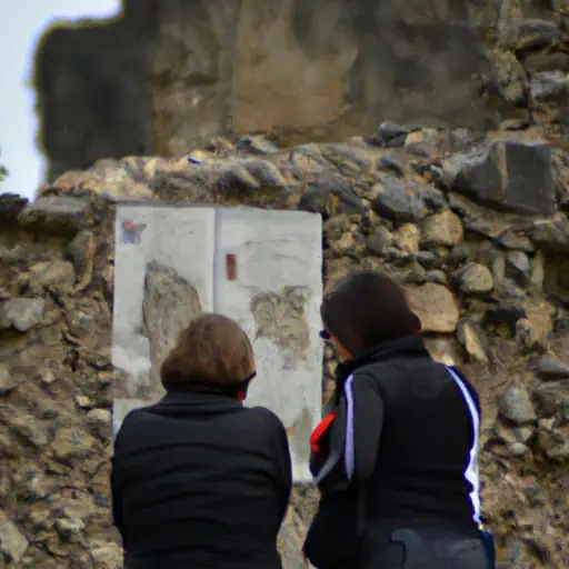 תיירים החוקרים את חורבות הטירה, עם שלטי מידע המפרטים את ההיסטוריה שלה