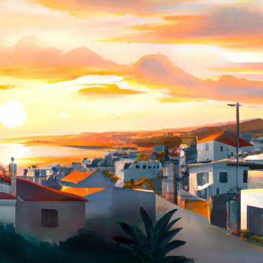 נוף ציורי של עיירת חוף בקפריסין כשהשמש שוקעת מעל הים התיכון.