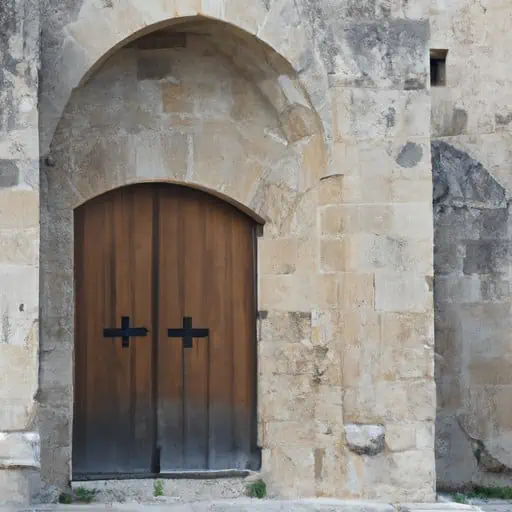 הכניסה המרשימה לטירת קולוסי, הכוללת דלת עץ כבדה וקשת אבן