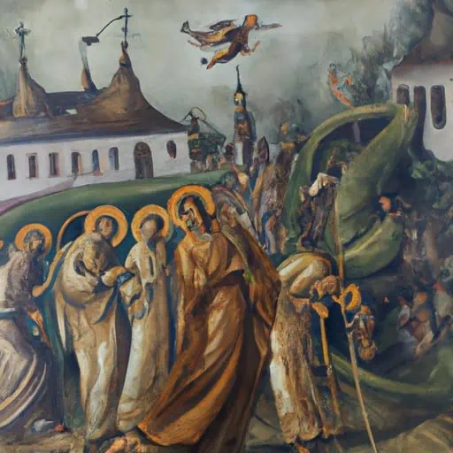ציור מיושן המתאר את הקמת המנזר