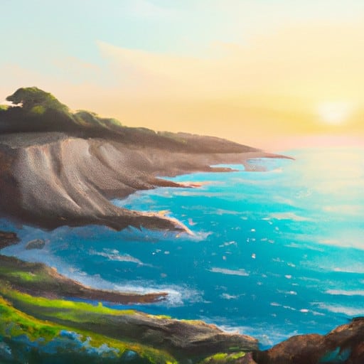 נוף ציורי של קו החוף של קפריסין, עם השמש שוקעת על פני מים צלולים.