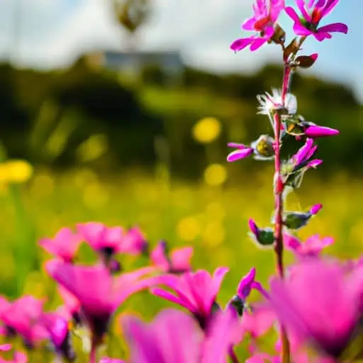 תקריב של פרחי בר תוססים הפורחים באזור הכפרי של קפריסין.