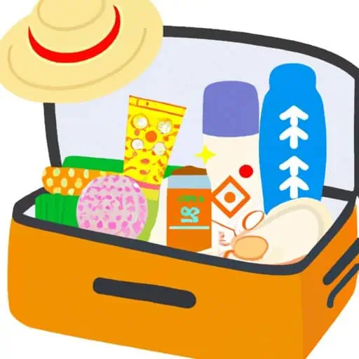 מזוודה מלאה בחפצי קיץ, כגון קרם הגנה, כובע וביגוד קל
