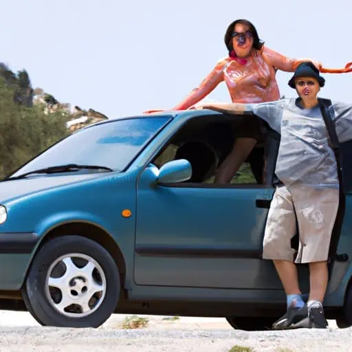 זוג תיירים מאושר מצטלם עם רכבם השכור בקפריסין